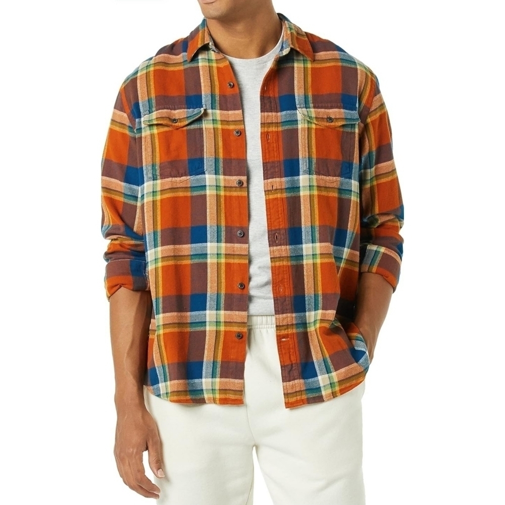 NEW Amazon Essentials Men's Regular Fit Long Sleeve Orange/Navy Flannel